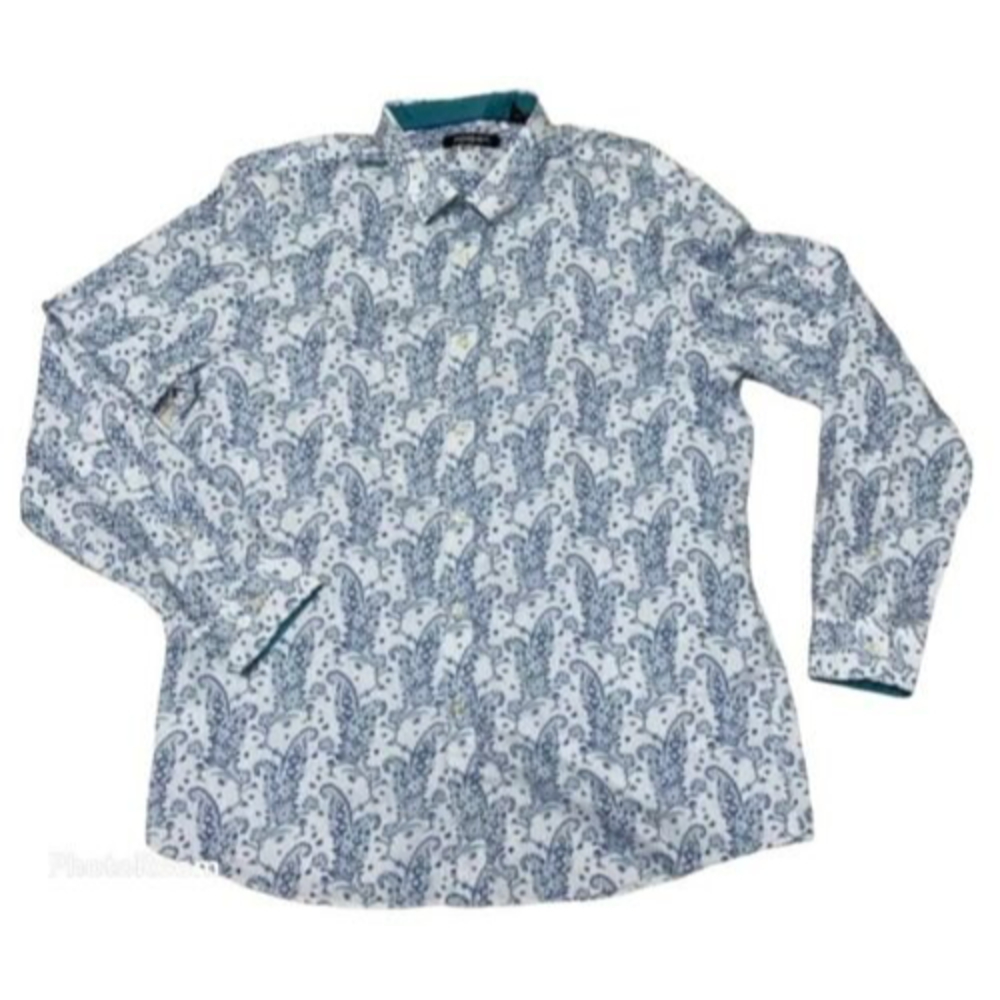 Men’s Axist 2XL Dress Shirt Long Sleeve Teal Blue White Button Down Paisley